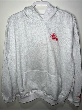 Fourteen Twelve Light Heather Gray Hoodie with Pink Hibiscus Floral Embroidery L